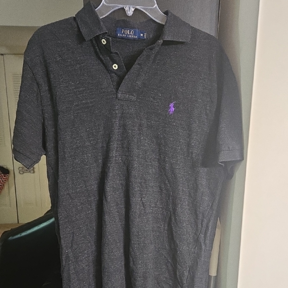 Polo by Ralph Lauren Men's Dark Gray Polo with Purple Logo